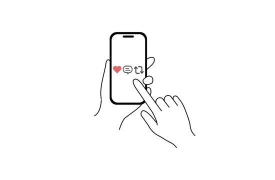 ハート・シェア・コメントアイコンを押そうとするスマホ操作のフラットイラスト