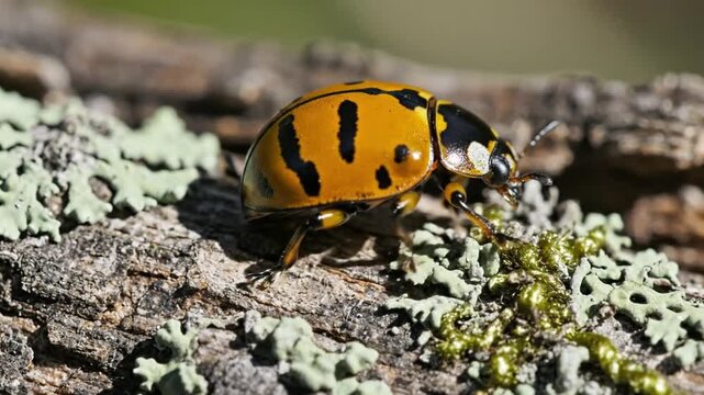 Close-up of a vibrant orange ladybug with black markings crawling across textured tree bark with moss and lichen