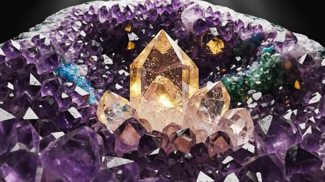 Mesmerizing close up of amethyst crystal cave formations with radiant shifting color gemstone sparkles