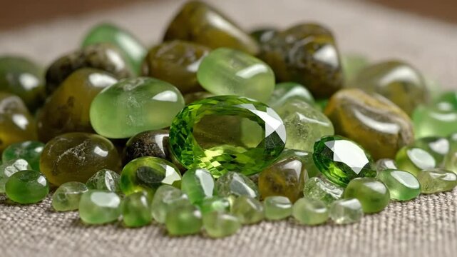 Luminous green peridot gemstones with polished and faceted cuts, gemstone collection, precious stones, wealth concept