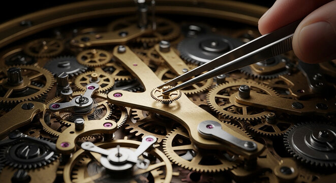Close up of a hand using tweezers to adjust intricate clockwork gears and mechanisms in a vintage timepiece