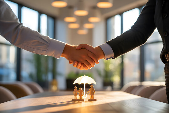Two business professionals shaking hands in a modern sunlit office conference room confirming a significant deal or partnership A symbolic umbrella protects 