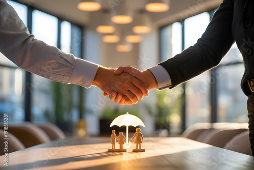 Reference: Two business professionals shaking hands in a modern sunlit office conference room confirming a significant deal or partnership A symbolic umbrella protects 