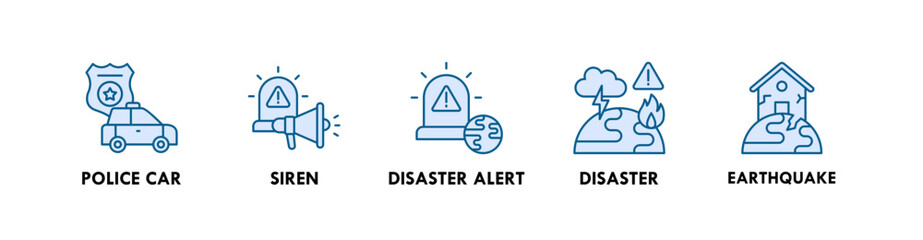 Fototapeta premium Emergency banner web icon illustration concept with icon of police care, siren, disaster alert, disaster, earthquake