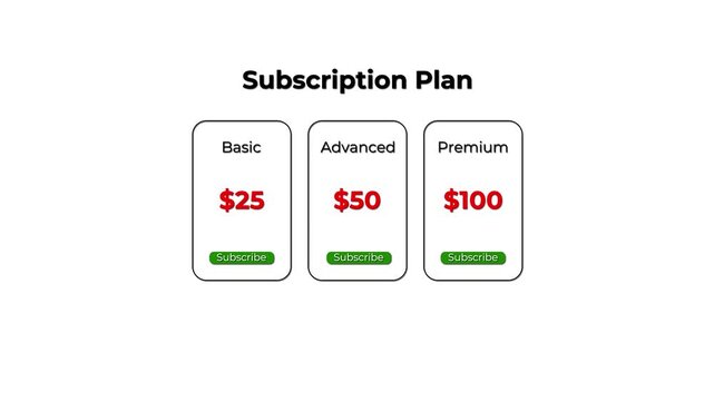 minimal pricing table interface animation with subscription plans.