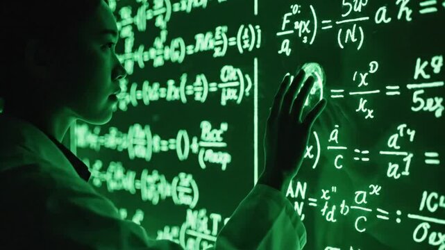 Brilliant Mathematician Solving Advanced Physics Equations in a Dark Laboratory.