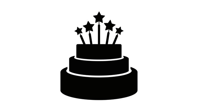 Simple black silhouette of a layered cake with five star candles on top, perfect for celebrations and birthdays