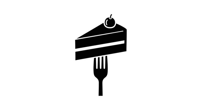 A slice of delicious cake with a cherry on top, impaled on a fork, ready to be enjoyed, presented in a clean silhouette