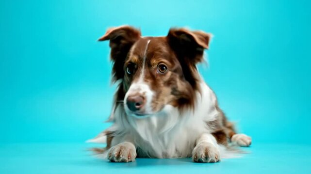 Adorable brown and white border collie dog lying down, tilting its head on a vibrant blue background