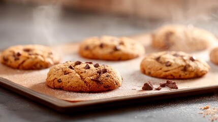 Tray of cookies with chocolate chips on top