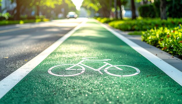 Eco-Friendly Lane: A dedicated bicycle lane, painted vibrant green, winds invitingly through a sun-dappled urban scene. It's a visual ode to sustainable transportation and urban harmony.