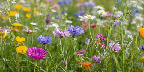 Obraz premium Field of flowers with a variety of colors including purple, yellow, and white