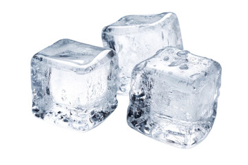 Three Transparent Irregular Ice Cubes with Frosted Surface Texture Closeup, Isolated On Png Transparent Background