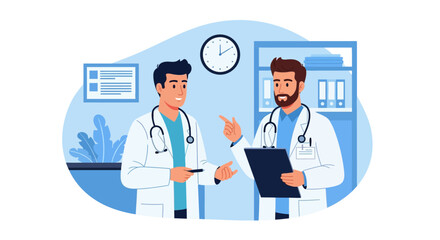 Professional Medical Teamwork: Two Male Doctors Discussing Patient Records and Consulting in a Hospital Office. Flat Vector Illustration.