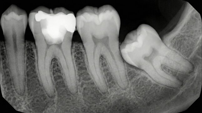 Dental X-Ray Revealing Teeth with Fillings and Cavities Close-Up