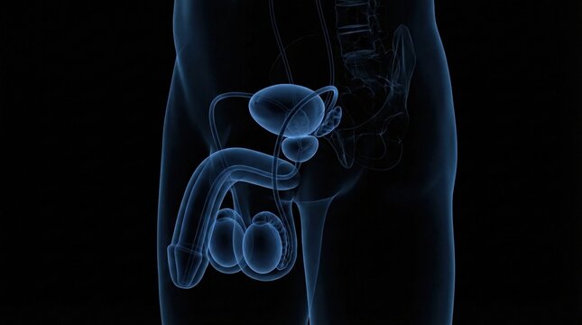 Detailed Illustration of Male Reproductive System Anatomy in Blue X-Ray Style