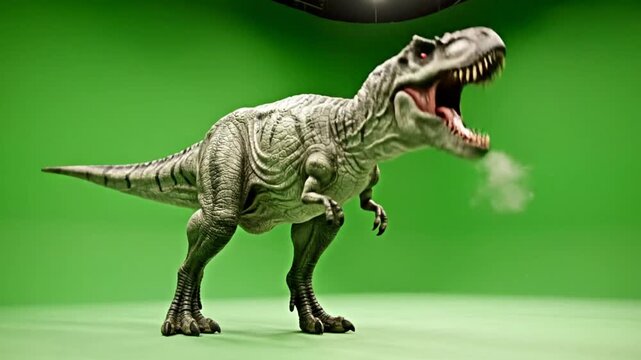 Lifelike Tyrannosaurus Rex Roars on Green Screen, Dinosaur Predator Ready to Attack or Hunt