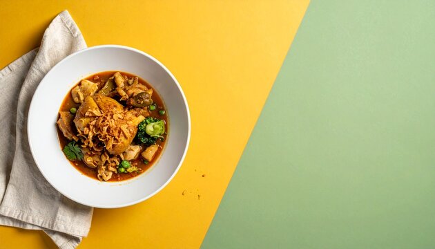 delicious chicken curry with vegetables and fried shallots served in a white bowl on yellow and green background top view