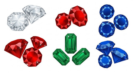 Fototapeta premium Colorful assortment of precious gems on white background including red green blue and clear jewels
