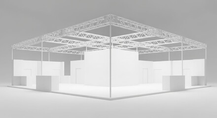 Fototapeta premium A minimalist 3D rendering of an empty white exhibition booth with a metal truss structure overhead, ready for an event.