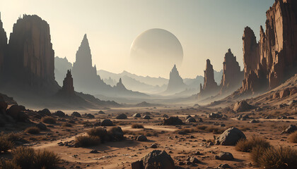 Barren desert landscape with towering rock formations and distant planet