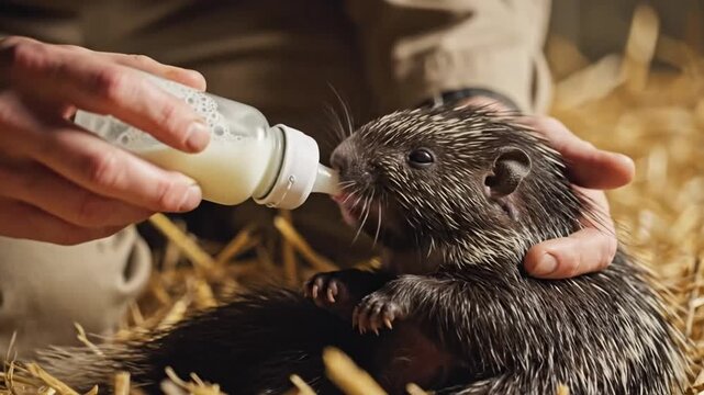 Caring zookeeper bottle feeding a baby porcupine in a straw filled enclosure for conservation and wildlife preservation