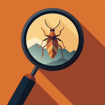 Flat vector illustration of a magnifying glass held over a detailed insect, representing scientific observation and nature study.
