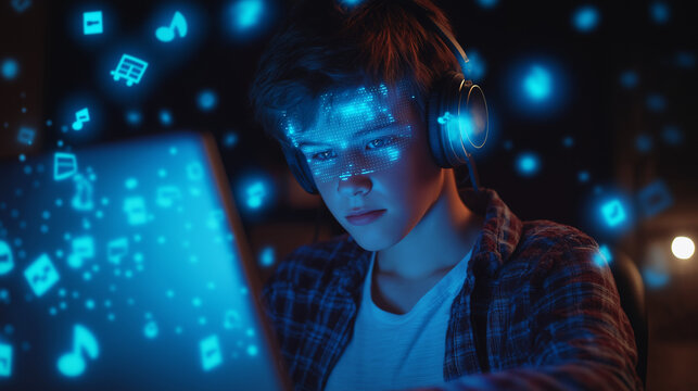 Internet Addiction Concept &ndash; People Using Mobile Phones at Night Instead of Sleeping with Social Media Icons