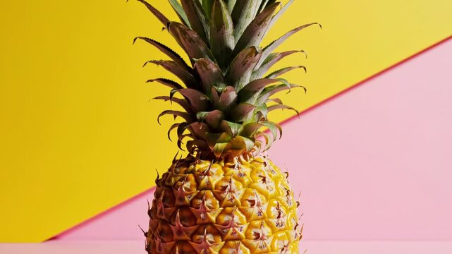 Fresh pineapple on colorful background with yellow and pink hues and shadows