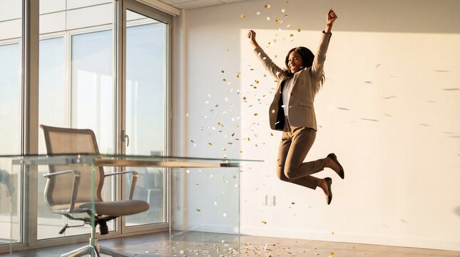 Triumphant Black Woman Entrepreneur Jumping Victory