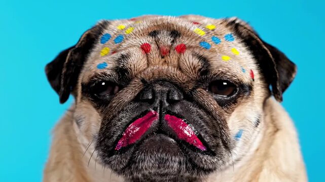 Adorable pug dog with colorful paint on its face against a bright blue background.
