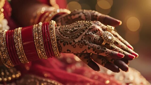 Indian Bride Hands with Mehndi Henna and Bangles for Karwa Chauth