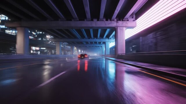 A sleek black sports car drives through a vibrant city underpass at night with colorful neon lights reflecting on the wet road surface