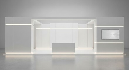 Fototapeta premium Modern minimalist white exhibition stand with integrated lighting and a central counter.