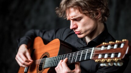 Obraz premium Close-up of a musician playing a guitar with passionate expression: A detailed shot of a musician s hands strumming a guitar, with the artist s face in the background expressing deep emotion,