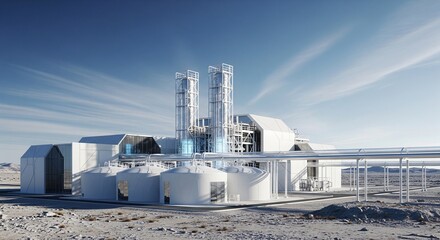 Obraz premium Modern industrial facility with storage tanks and pipelines under a bright blue sky