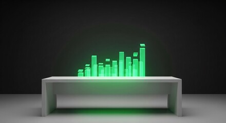 Fototapeta premium Glowing green bar chart on a white table against a dark background graph