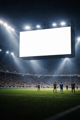Empty stadium scoreboard at night with players on the field under bright lights. © MH