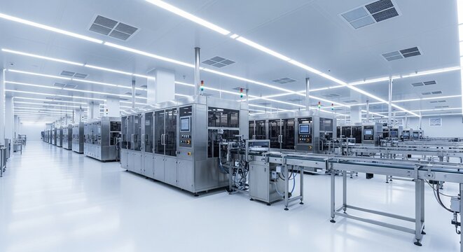 Automated manufacturing line with modern cleanroom technology and sleek machinery