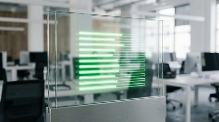 Fototapeta premium Futuristic glass screen displays glowing green horizontal progress bars in a modern office