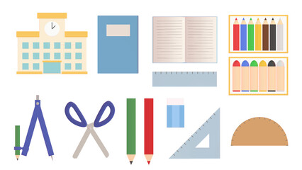 学校に関連したアイテムの3DCGイラスト。様々な筆記用具のアイコン素材。学校や塾、教育現場のプロモーションに適した文房具の挿絵