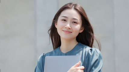 ノートパソコンを持った笑顔の女性　Generative AI