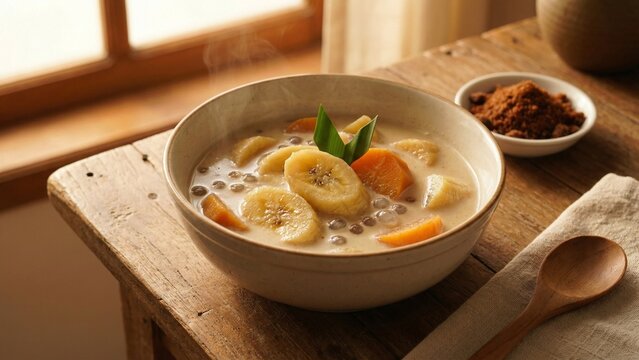 Authentic Indonesian Ramadan dessert kolak served in a rustic bowl. Warm lighting highlights traditional flavors, making this perfect for culinary, cultural, and Ramadan food advertising visuals.