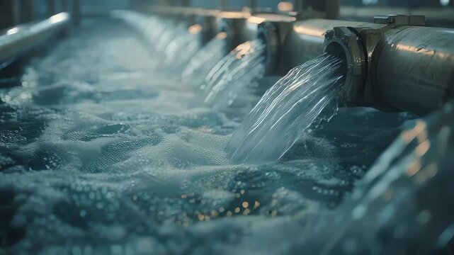 Industrial view of heavy-duty pipes and filtration systems used in a modern recirculating aquaculture system (RAS).