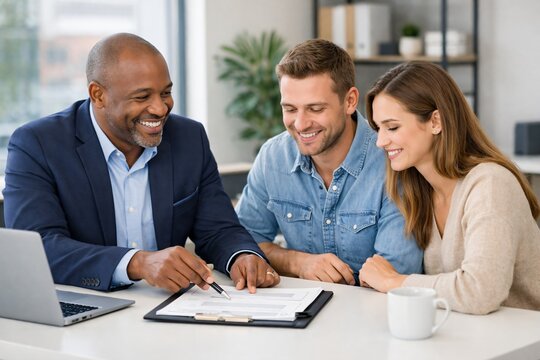 A smiling financial advisor points to a document while a happy young couple listens attentively, discussing important papers in a bright office setting.