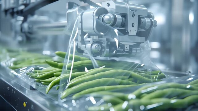 Automated machine sealing fresh green beans in vacuum plastic bags for preservation and commercial distribution.