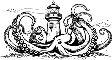 Vintage black ink tattoo sketch of an octopus silhouette with a beacon tower above the ocean waves as a decorative vector ornament element. © STOCK VECTOR