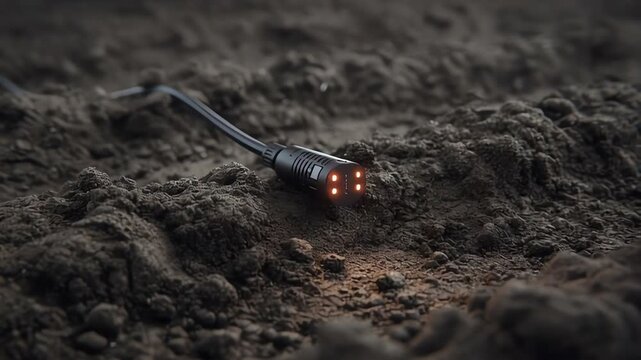 A smart soil moisture sensor probe inserted into dark earth to measure hydration levels for precision agriculture.