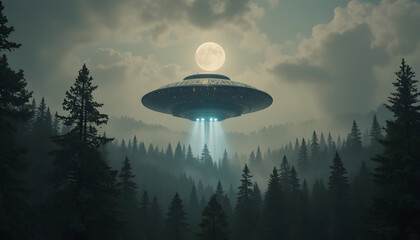 Mysterious UFO hovering above misty forest under full moonlight