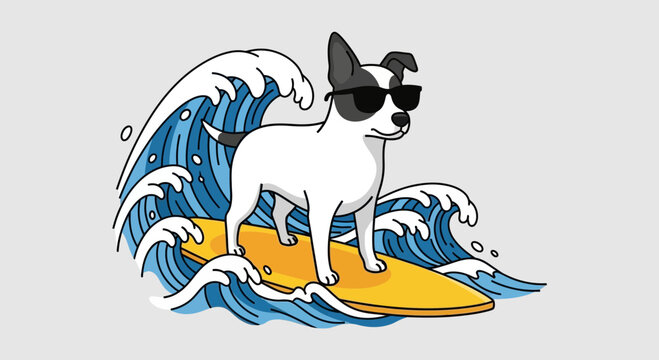 Dog surfing waves, wearing sunglasses, cartoon illustration